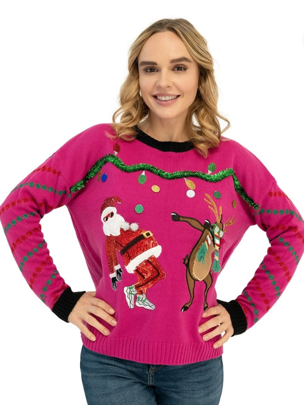 33 Degrees Christmas Ugly Sweater Dancing Santa Reindeer Crew Neck Pink XXL